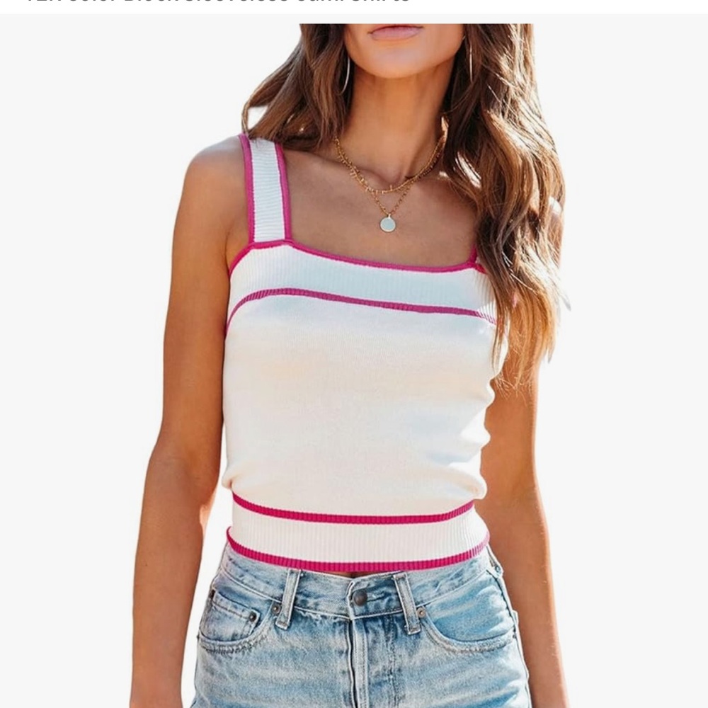 Women's White and Pink Sleeveless Top